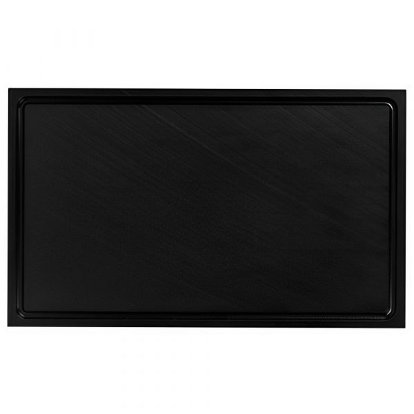 Tábua de corte preta premium 50x30x2cm com pés de borracha e dreno de suco, ideal para cozinha.