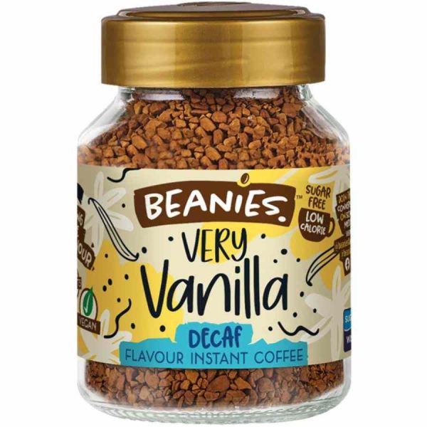 Café instantâneo descafeinado Beanies sabor baunilha 50g - Delicie-se com esta opção aromática e cremosa. Ideal para os amantes de café sem cafeína.