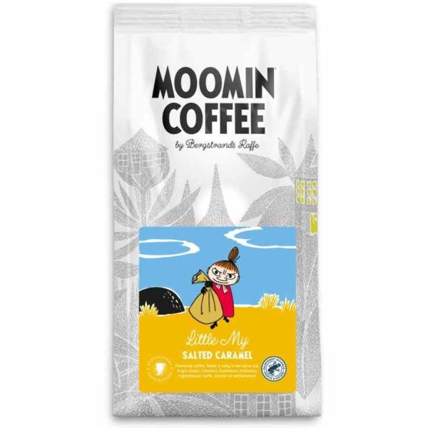Café gourmet moído Bergstrands Moomin Little My com sabor a caramelo. Delicie-se com 250g de puro prazer!