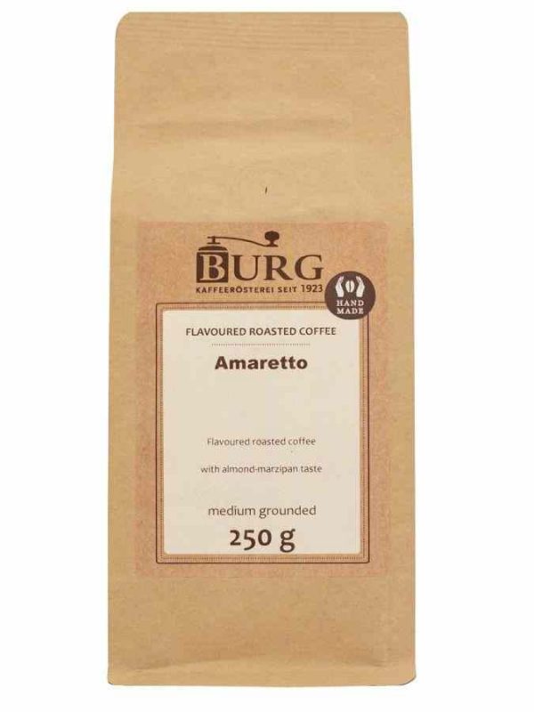 Café moído de luxo Burg Sabor Amaretto, embalagem de 250 g para comprar online, ideal para os amantes de café exigentes. Aproveite!