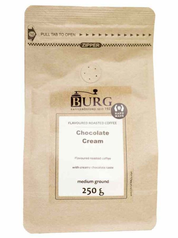 Delicioso Café Sabor Burg, moído em embalagem de 250 g, com creme de chocolate. Aproveite esta combinação perfeita!