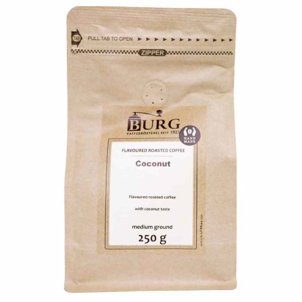 Café moído de coco Burg de alta qualidade, 250 g - uma delícia aromática para os amantes de café. Compre online e desfrute!