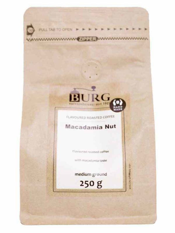 Café Sabor Burg, Noz Macadâmia 250 g Moído - Desfrute de um café gourmet aveludado com o sabor único da noz de macadâmia. Compre online hoje!