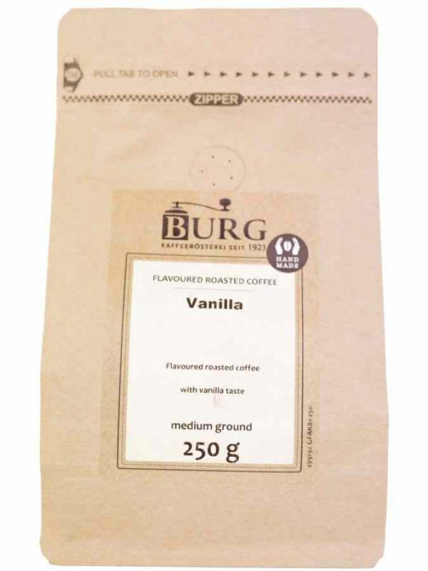 Café Sabor Burg, Baunilha 250 g Moído: Desfrute do aroma irresistível e sabor intenso deste café gourmet de alta qualidade. Compre online agora!