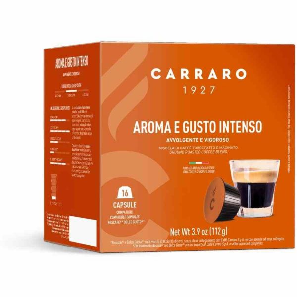 Cápsulas de café premium compatíveis com Carraro 1927 Aroma e Gusto Intenso Dolce Gusto®, caixa de 16 unidades - Aroma intenso e sabor incrível!