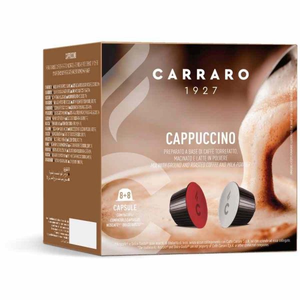 Cápsulas de café premium para Dolce Gusto® Carraro 1927 Cappuccino. Desfrute de 8 unidades incríveis + 8 de oferta! Aproveite já.