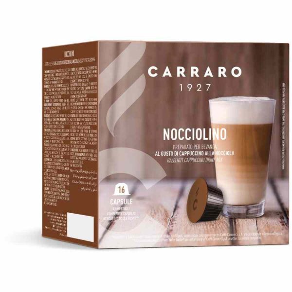 Cápsulas de café gourmet para Dolce Gusto Carraro 1927 Nocciolino. Embalagem com 16 unidades. Desfrute de um café intenso e aromático em casa.