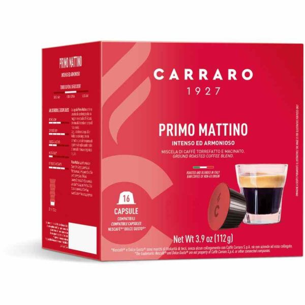 Cápsulas de café de alta qualidade compatíveis com máquinas Carraro 1927 Primo Mattino Dolce Gusto®. Desfrute de 16 unidades deliciosas!