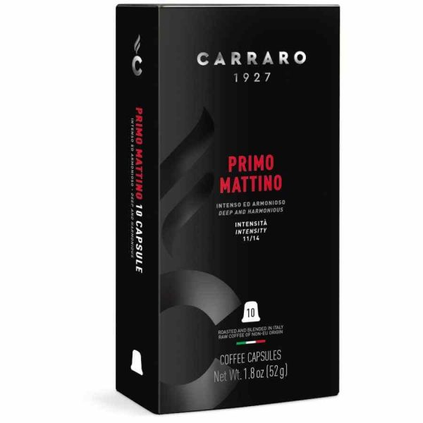 Cápsulas de café de alta qualidade para Nespresso Carraro 1927 Primo Mattino Premium. Desfrute do melhor café em casa. Pack de 10 unidades.