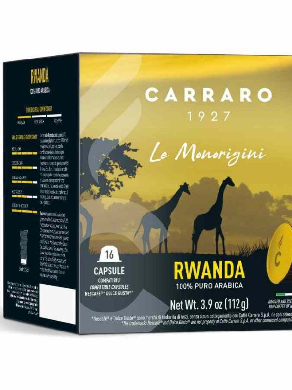 Cápsulas de café de alta qualidade compatíveis com Carraro 1927 Ruanda Dolce Gusto®, embalagem com 16 unidades. Aproveite o seu café perfeito!