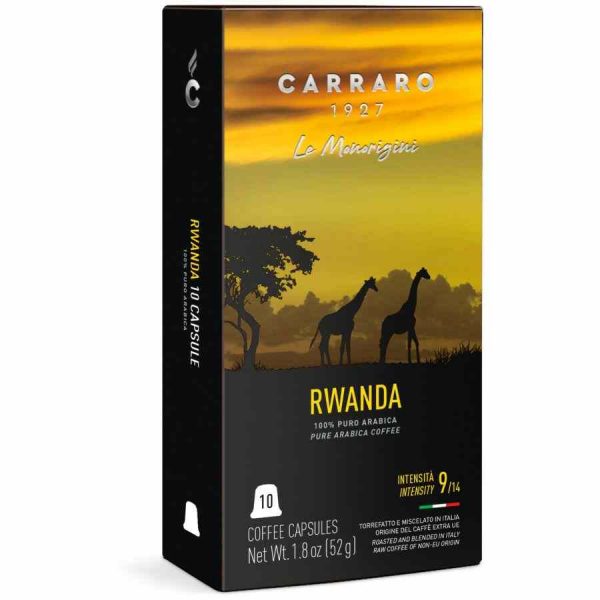 Cápsulas de café Carraro 1927 Ruanda Premium compatíveis com Nespresso - caixa de 10 unidades. Desfrute de um café premium em casa!