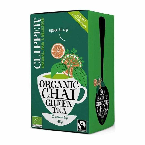 Chá verde Chai orgânico Clipper com 20 sacos para uma infusão deliciosa e revigorante. Aproveite a qualidade superior deste chá verde!