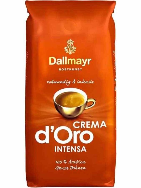 Grãos de café Dallmayr Intense Crema d'Oro em embalagem de 1 kg, sabor intenso e aroma sofisticado para os amantes de café exigentes.