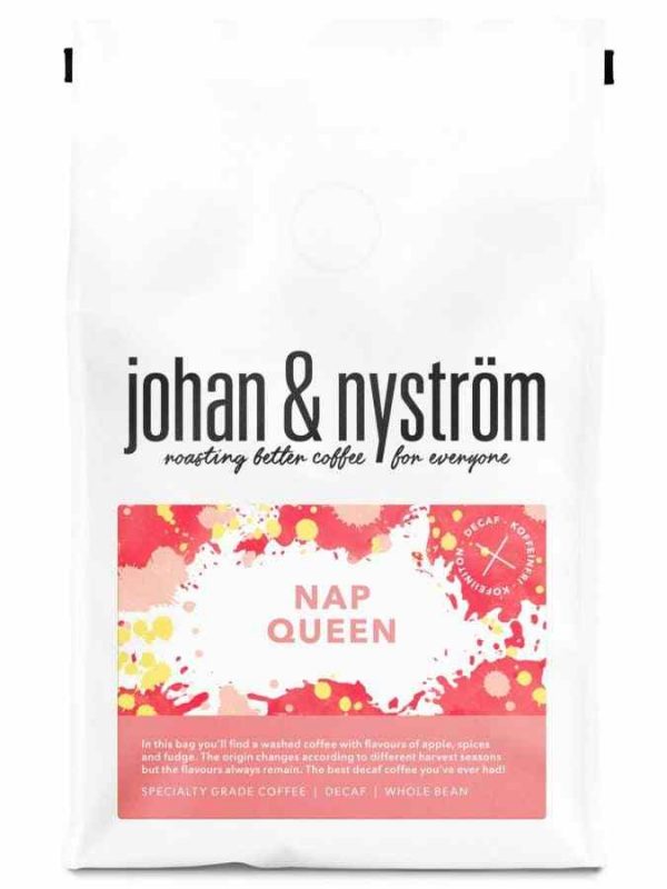 Café em grãos Johan & Nyström Decaf Nap Queen de 250g, um mimo suave e sem cafeína para os amantes de café. Compre online agora!