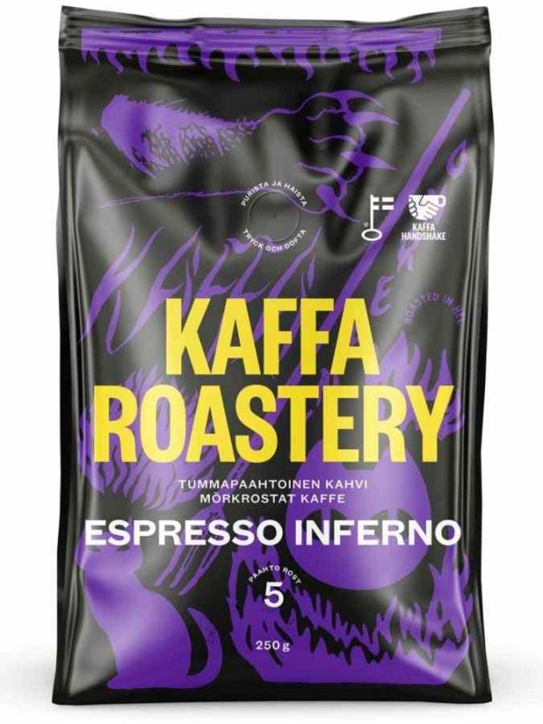 Grãos de café premium Kaffa Roastery Espresso Inferno para um espresso intenso e irresistível. Ideal para os amantes de café exigentes.