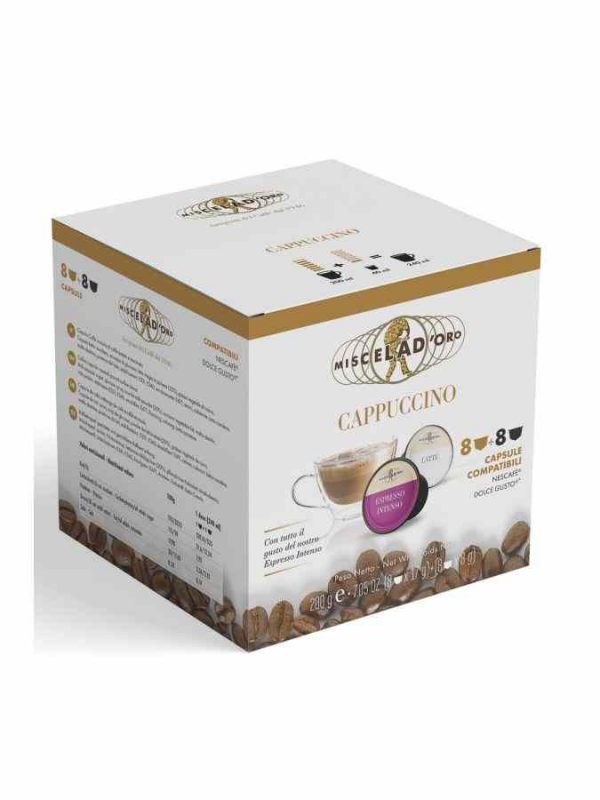 Cápsulas de Cappuccino Miscela d'Oro para Dolce Gusto, 16 unidades - Café italiano de qualidade superior para encomenda online.
