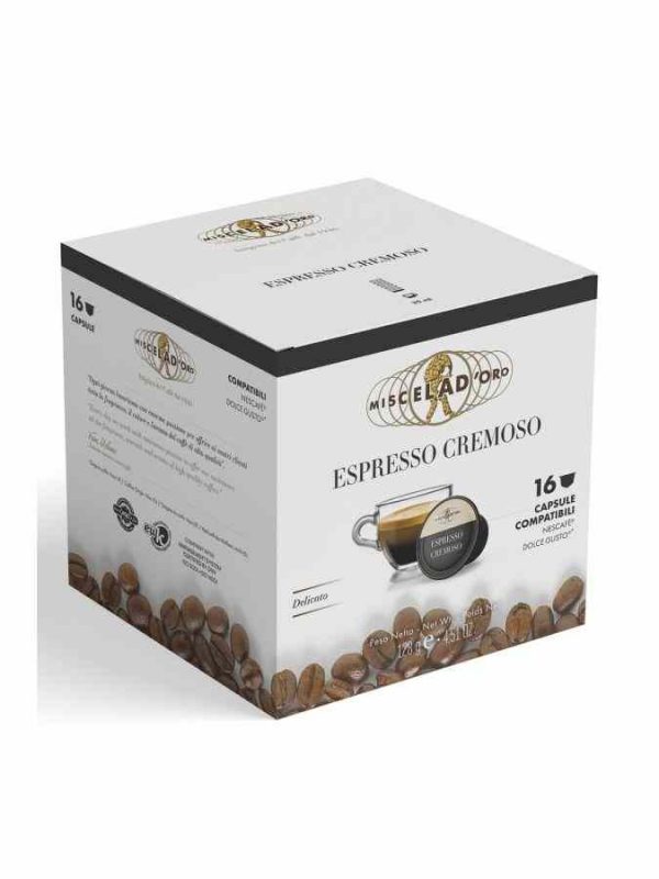 Miscela d'Oro Espresso Cremoso, Cápsulas de Café Dolce Gusto® - 16 unidades. Delicie-se com a qualidade desta mistura de café requintada.