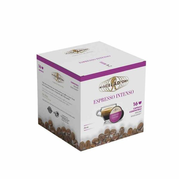 Cápsulas de café Miscela d'Oro Espresso Intenso, compatíveis com Dolce Gusto®. Desfrute de 16 unidades de café intenso.