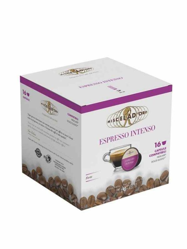 Cápsulas de café Miscela d'Oro Espresso Intenso, compatíveis com Dolce Gusto®. Desfrute de 16 unidades de café intenso.