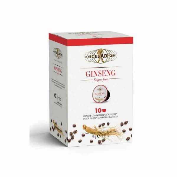 Cápsulas de café Miscela d'Oro Ginseng sem açúcar compatíveis com Dolce Gusto, embalagem de 10 unidades para momentos especiais.