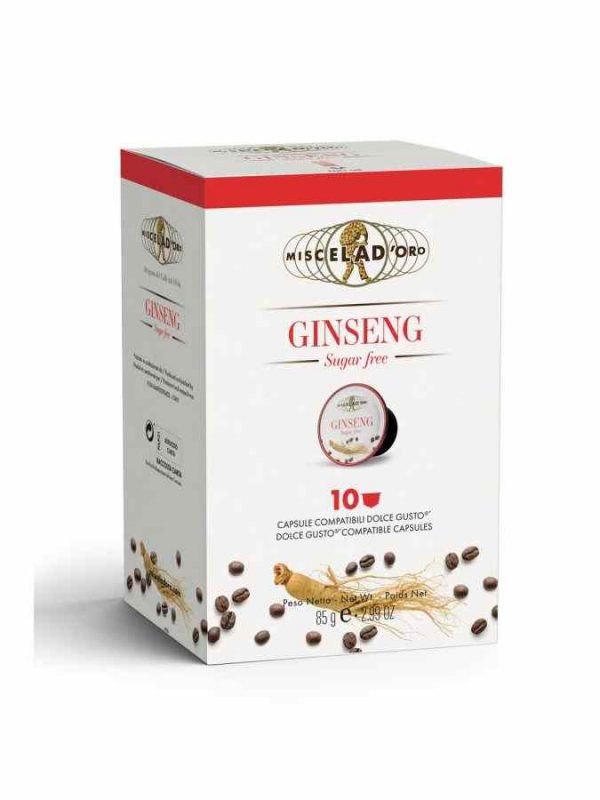 Cápsulas de café Miscela d'Oro Ginseng sem açúcar compatíveis com Dolce Gusto, embalagem de 10 unidades para momentos especiais.