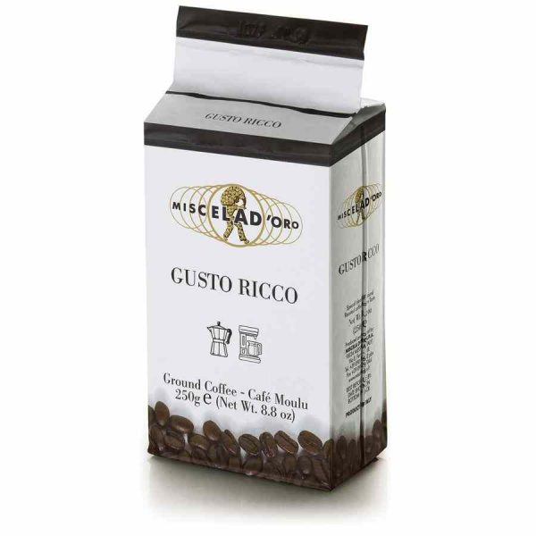 Delicioso café moído Miscela d'Oro Gusto Ricco 250 g, o segredo para um aroma e sabor inigualáveis. Compre online e desfrute!