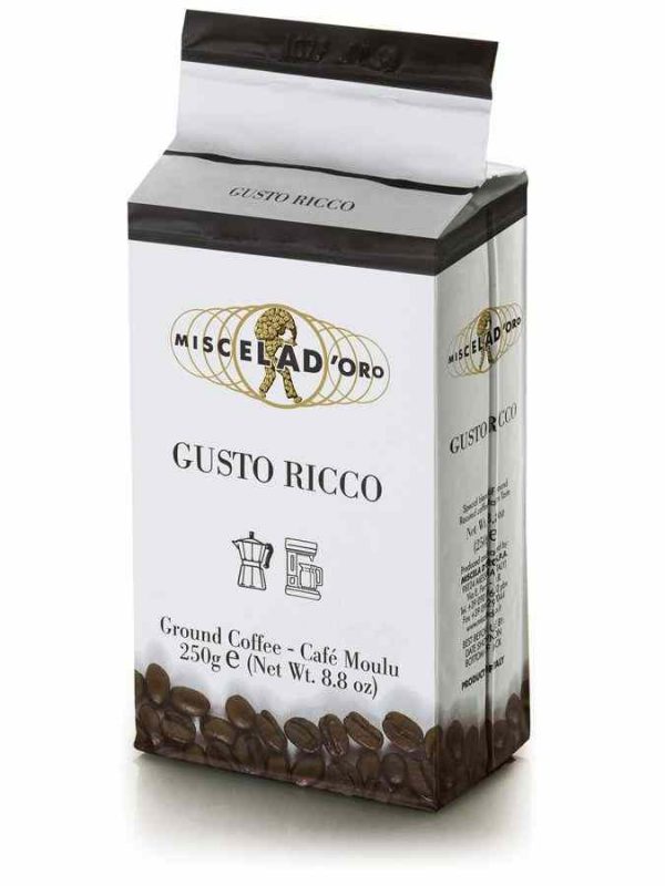Delicioso café moído Miscela d'Oro Gusto Ricco 250 g, o segredo para um aroma e sabor inigualáveis. Compre online e desfrute!
