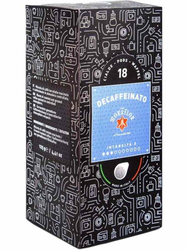 Cápsulas de café expresso descafeinado Mokaflor E.S.E., caixa com 18 unidades - Aroma intenso e sabor surpreendente para degustar em casa.