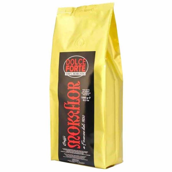 Café em grãos Mokaflor Dolce Forte 100% Robusta 1 kg - aroma intenso e encorpado para apreciadores exigentes. Compre online!