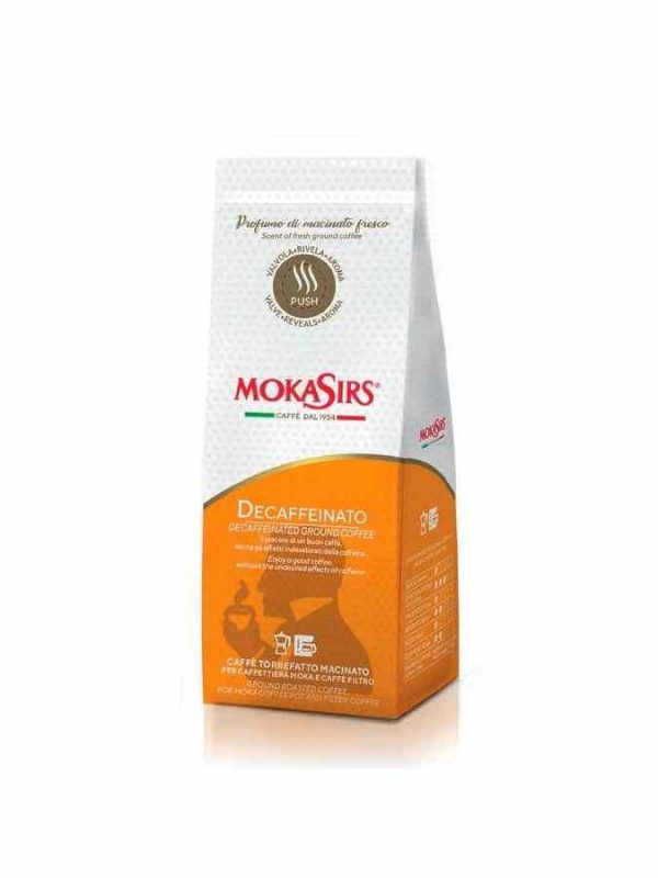 Café moído MokaSirs Descafeinado 180g - Aroma intenso e sabor suave. Desfrute do melhor café descafeinado em cada chávena!