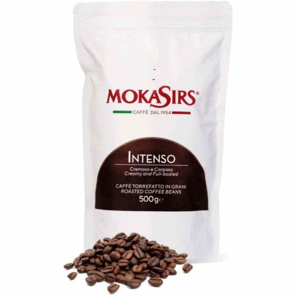 Grãos de café MokaSirs Intenso, torrefação premium para sabores intensos e puros. Aprecie o café perfeito em casa!