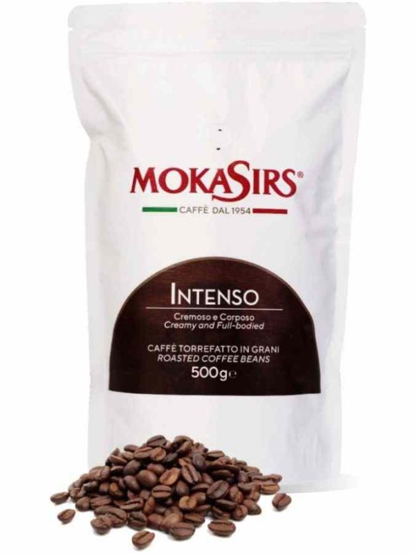 Grãos de café MokaSirs Intenso, torrefação premium para sabores intensos e puros. Aprecie o café perfeito em casa!